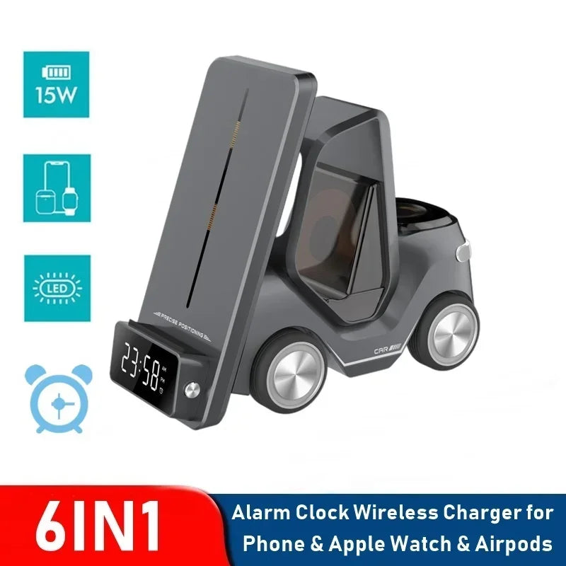 Alarm Clock Wireless Charger Station For Apple Watch Airpods Pro Car Design Night Light Charging Station For Iphone 11 12 13 14