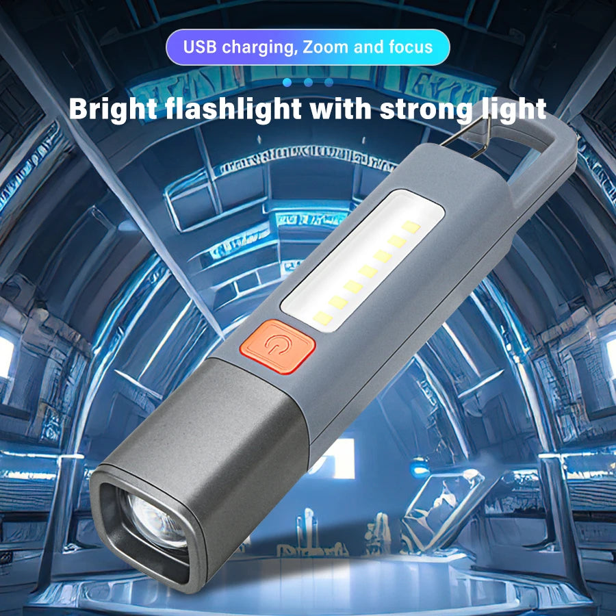 Mini Portable LED Flashlight USB Rechargeable With Hook Zoomable Torch Outdoor Camping Hiking Long-range Emergency Lantern